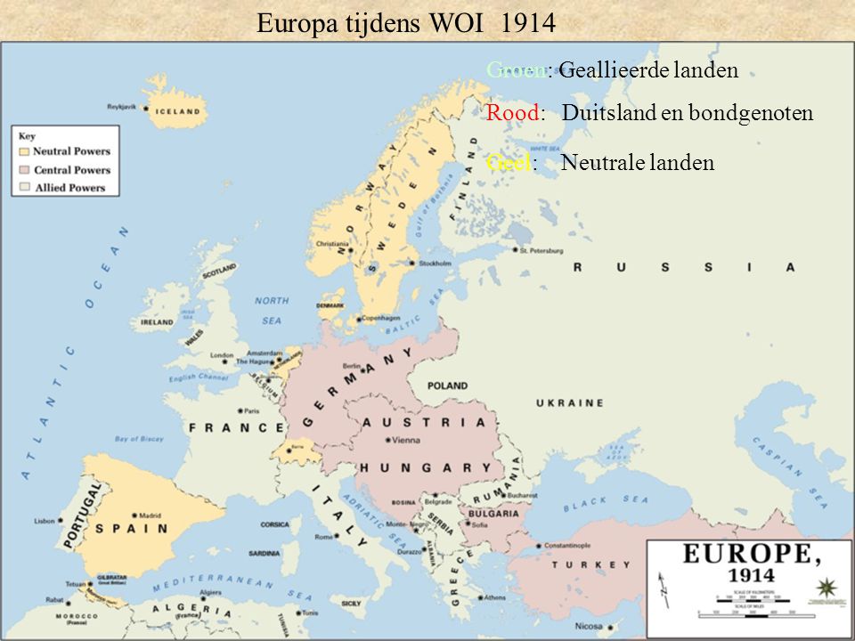 Europa tijdens WOI 1914 Groen: Geallieerde landen