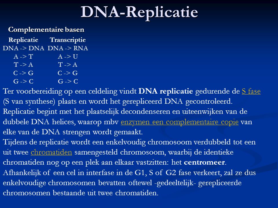 DNA-Replicatie Complementaire basen. Replicatie. DNA -> DNA. A -> T. T -> A. C -> G. G -> C. Transcriptie.
