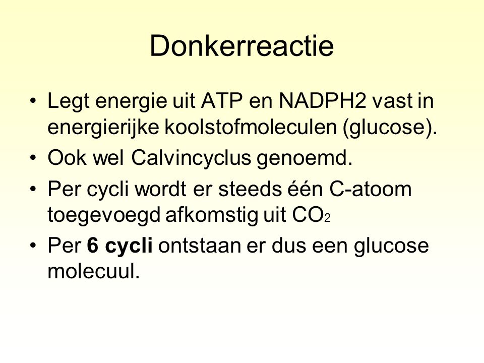 Donkerreactie Legt energie uit ATP en NADPH2 vast in energierijke koolstofmoleculen (glucose). Ook wel Calvincyclus genoemd.