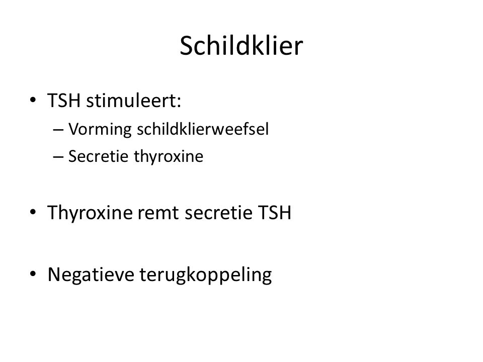 Schildklier TSH stimuleert: Thyroxine remt secretie TSH