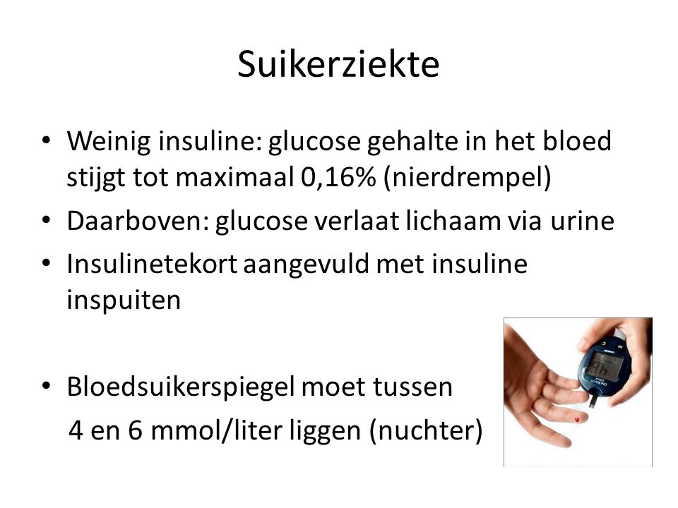Suikerziekte Weinig insuline: glucose gehalte in het bloed stijgt tot maximaal 0,16% (nierdrempel) Daarboven: glucose verlaat lichaam via urine.