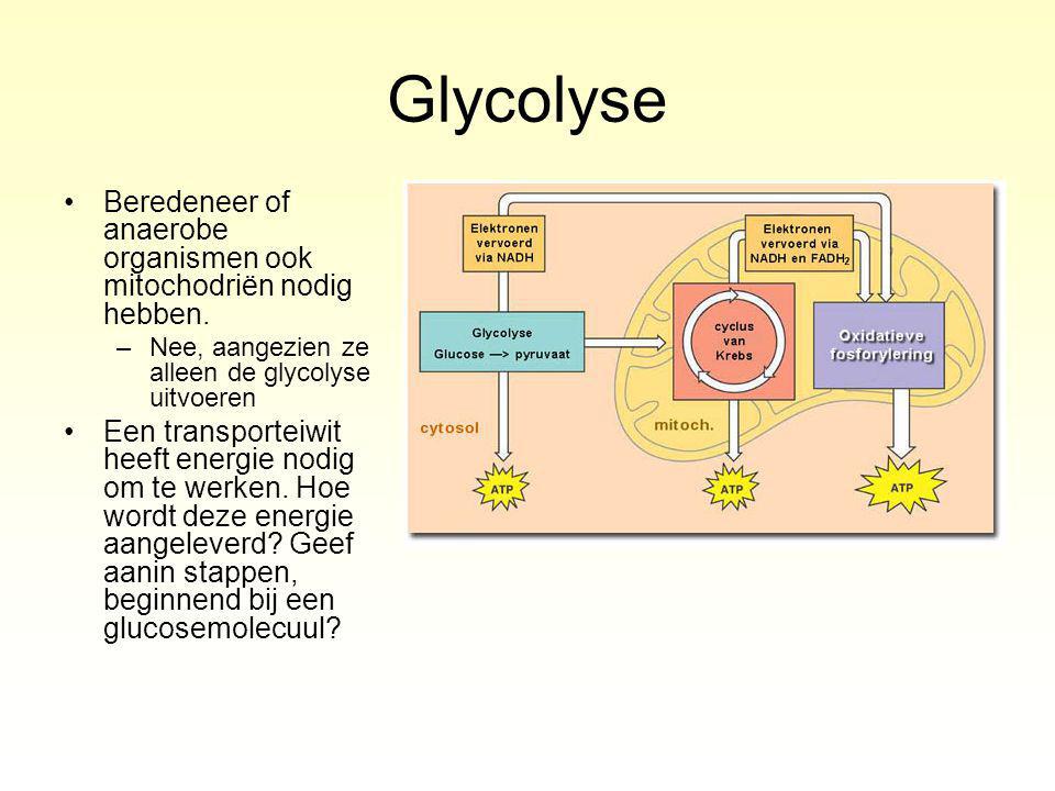 Glycolyse Beredeneer of anaerobe organismen ook mitochodriën nodig hebben. Nee, aangezien ze alleen de glycolyse uitvoeren.