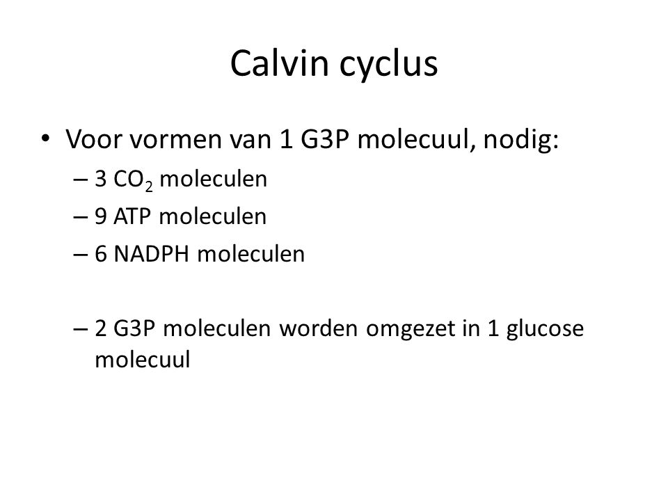 Calvin cyclus Voor vormen van 1 G3P molecuul, nodig: 3 CO2 moleculen