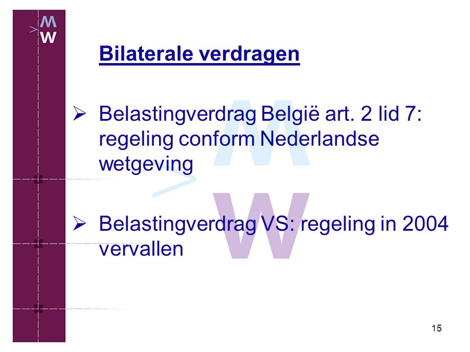 Bilaterale verdragen Belastingverdrag België art. 2 lid 7: regeling conform Nederlandse wetgeving.