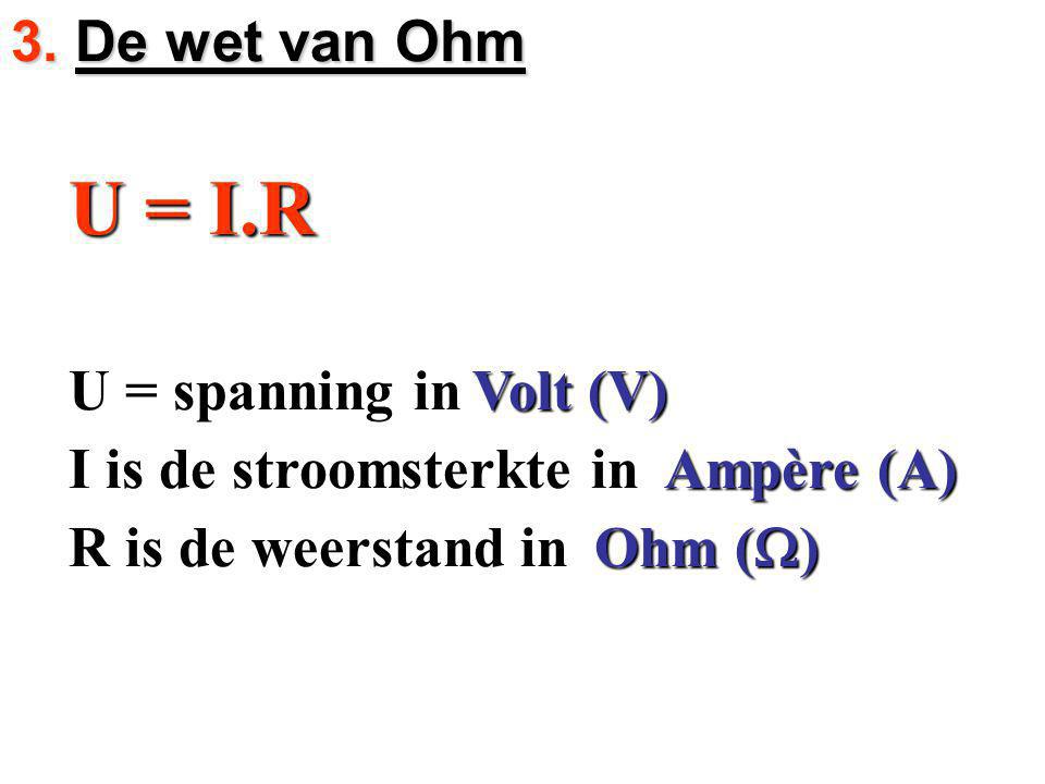 3. De wet van Ohm U = I.R. U = spanning in. Volt (V) I is de stroomsterkte in. Ampère (A) R is de weerstand in.