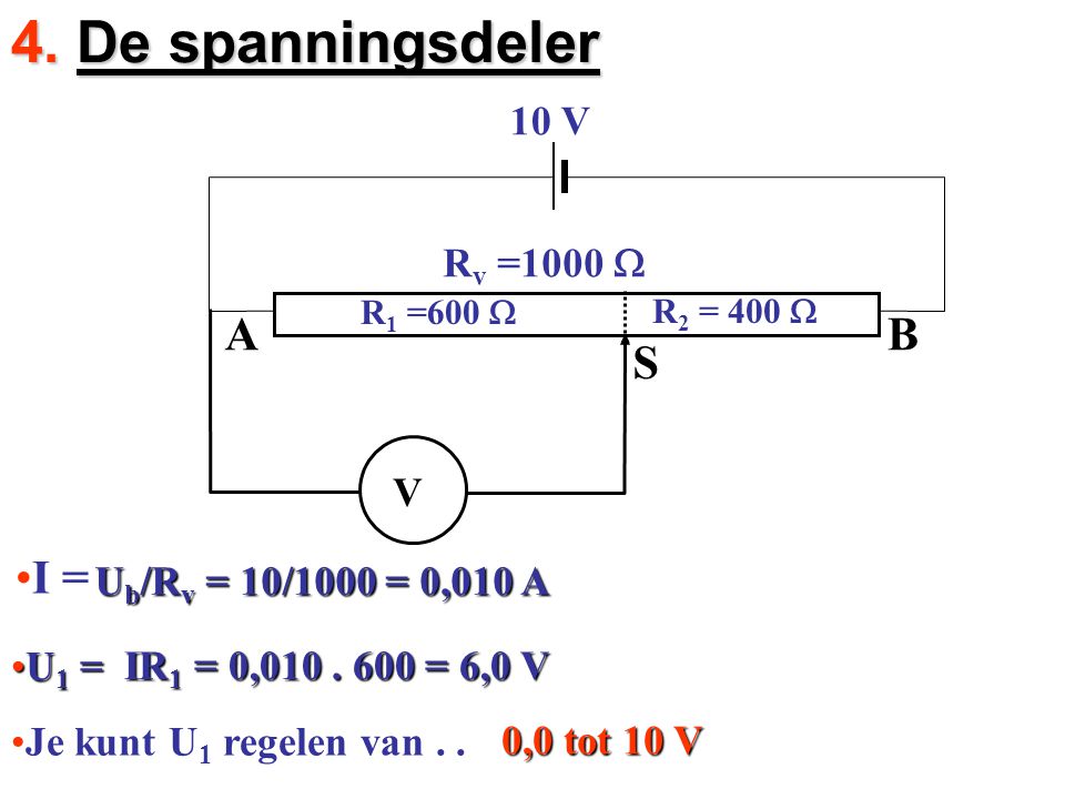 4. De spanningsdeler A B S I = 10 V Rv =1000 W V