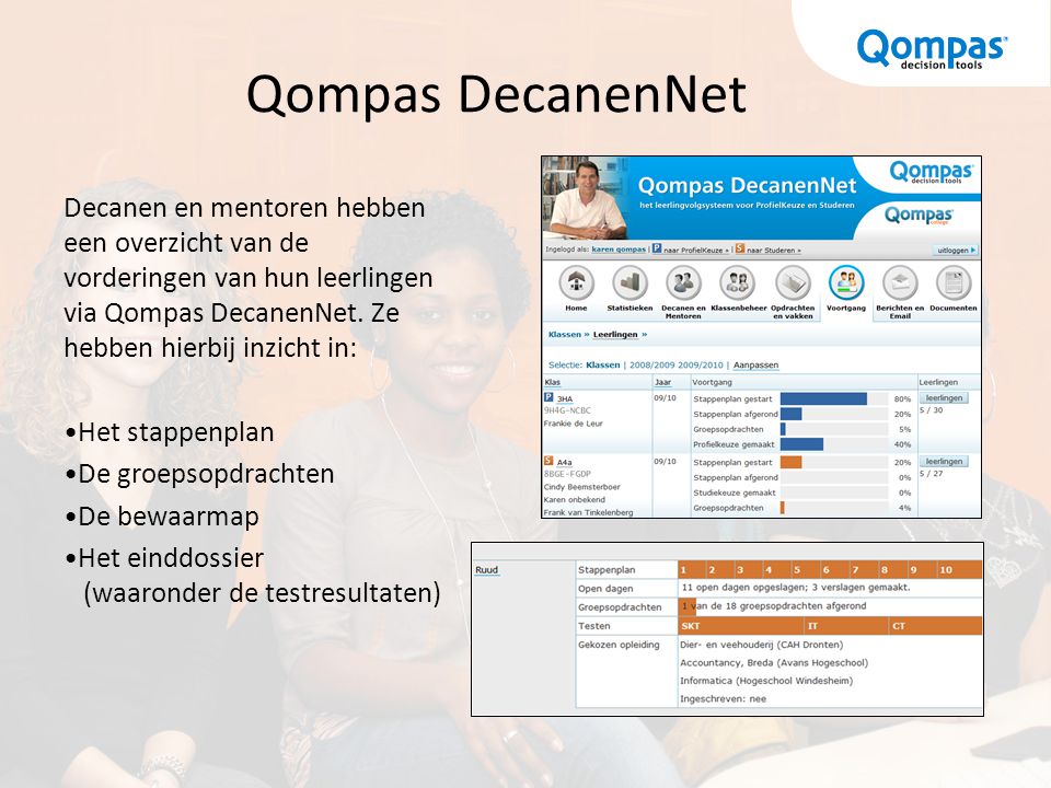 Qompas DecanenNet Decanen en mentoren hebben een overzicht van de vorderingen van hun leerlingen via Qompas DecanenNet. Ze hebben hierbij inzicht in: