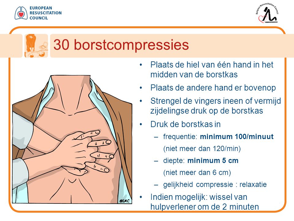 30 borstcompressies Plaats de hiel van één hand in het midden van de borstkas. Plaats de andere hand er bovenop.