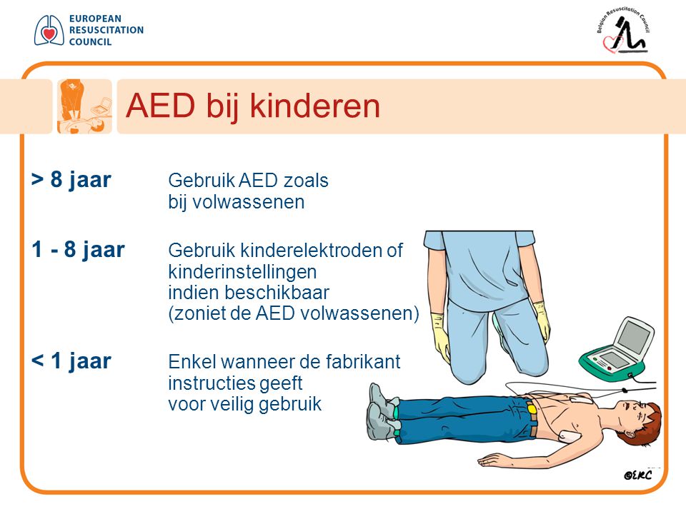 AED bij kinderen > 8 jaar Gebruik AED zoals