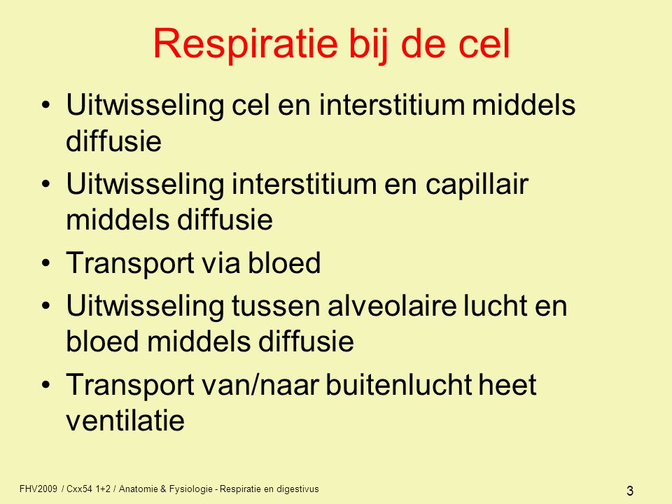 Respiratie bij de cel Uitwisseling cel en interstitium middels diffusie. Uitwisseling interstitium en capillair middels diffusie.