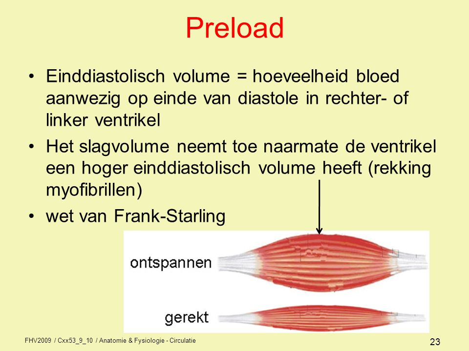 Preload Einddiastolisch volume = hoeveelheid bloed aanwezig op einde van diastole in rechter- of linker ventrikel.