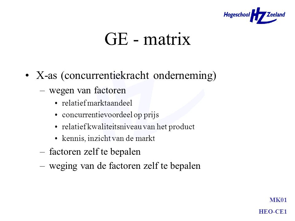 GE - matrix X-as (concurrentiekracht onderneming) wegen van factoren