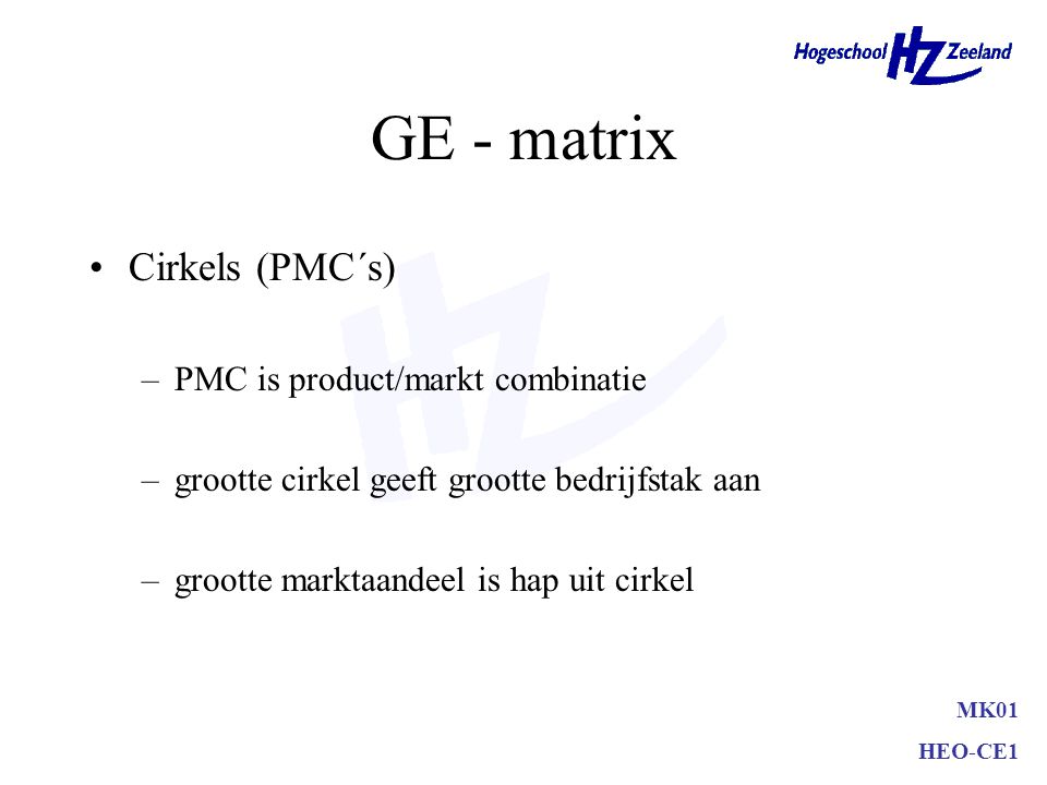GE - matrix Cirkels (PMC´s) PMC is product/markt combinatie