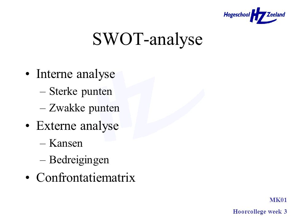 SWOT-analyse Interne analyse Externe analyse Confrontatiematrix