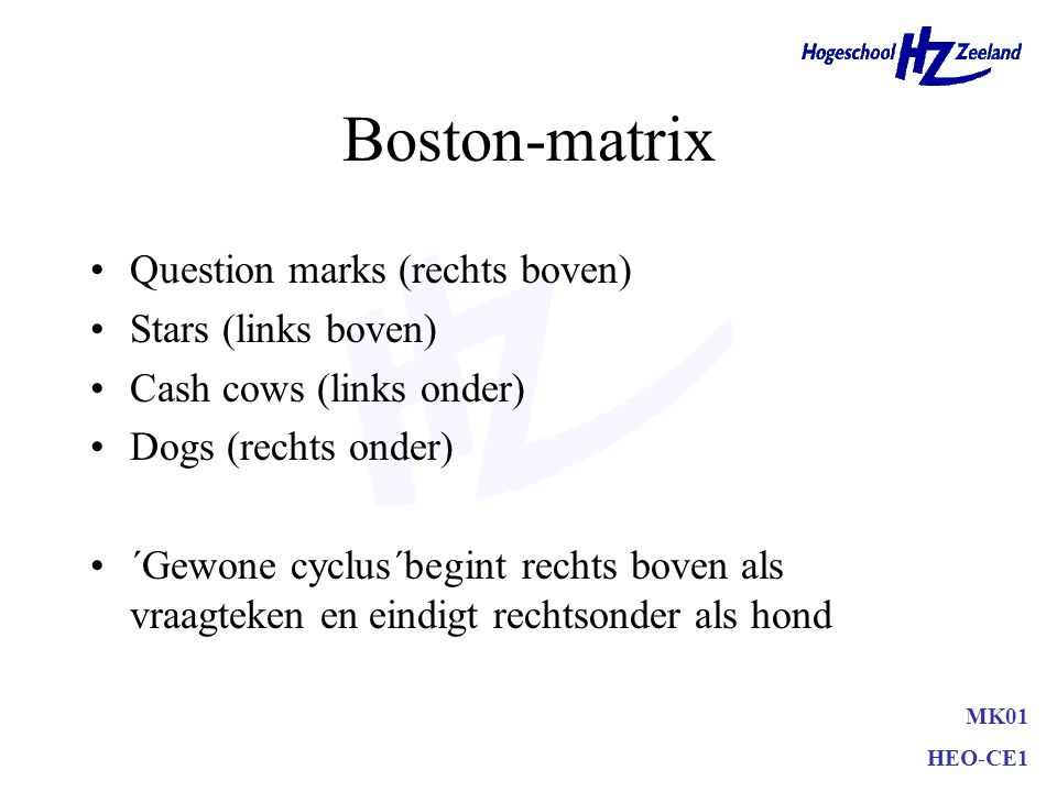 Boston-matrix Question marks (rechts boven) Stars (links boven)