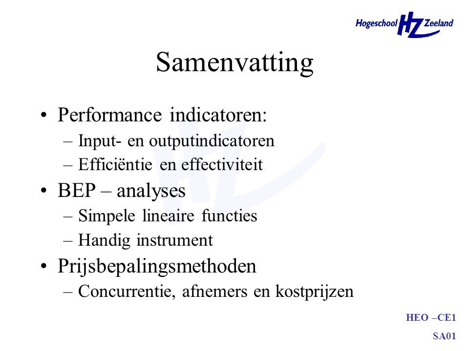 Samenvatting Performance indicatoren: BEP – analyses