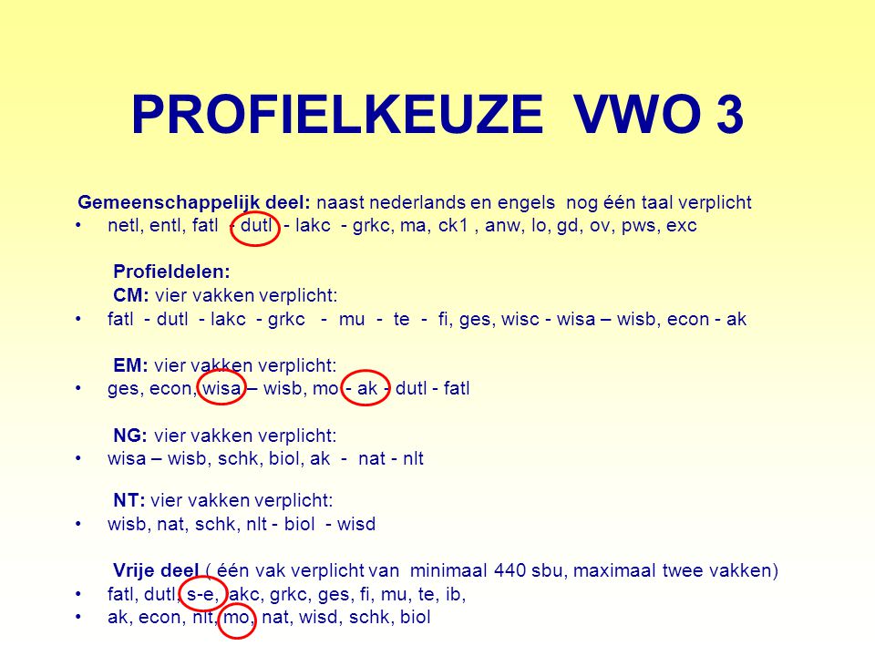 PROFIELKEUZE VWO 3 Gemeenschappelijk deel: naast nederlands en engels nog één taal verplicht.
