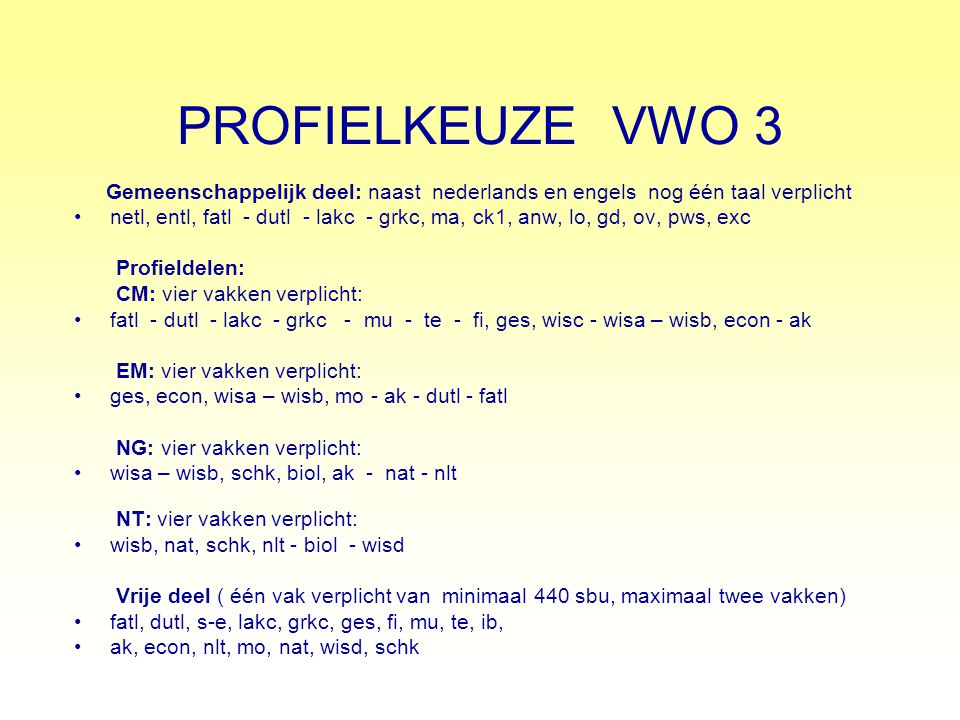 PROFIELKEUZE VWO 3 Gemeenschappelijk deel: naast nederlands en engels nog één taal verplicht.