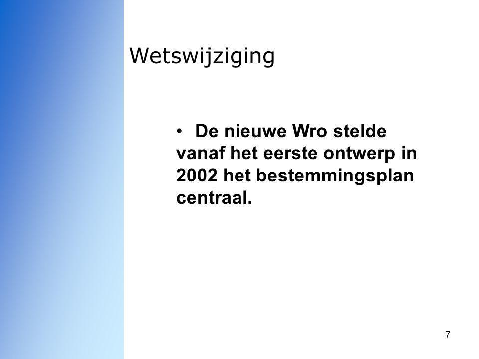 Wetswijziging De nieuwe Wro stelde vanaf het eerste ontwerp in 2002 het bestemmingsplan centraal.
