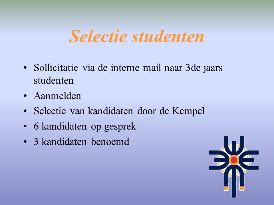 Selectie studenten Sollicitatie via de interne mail naar 3de jaars studenten. Aanmelden. Selectie van kandidaten door de Kempel.
