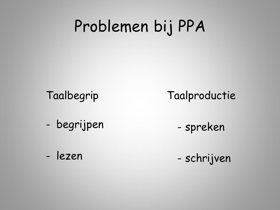 Problemen bij PPA Taalbegrip begrijpen lezen Taalproductie - spreken