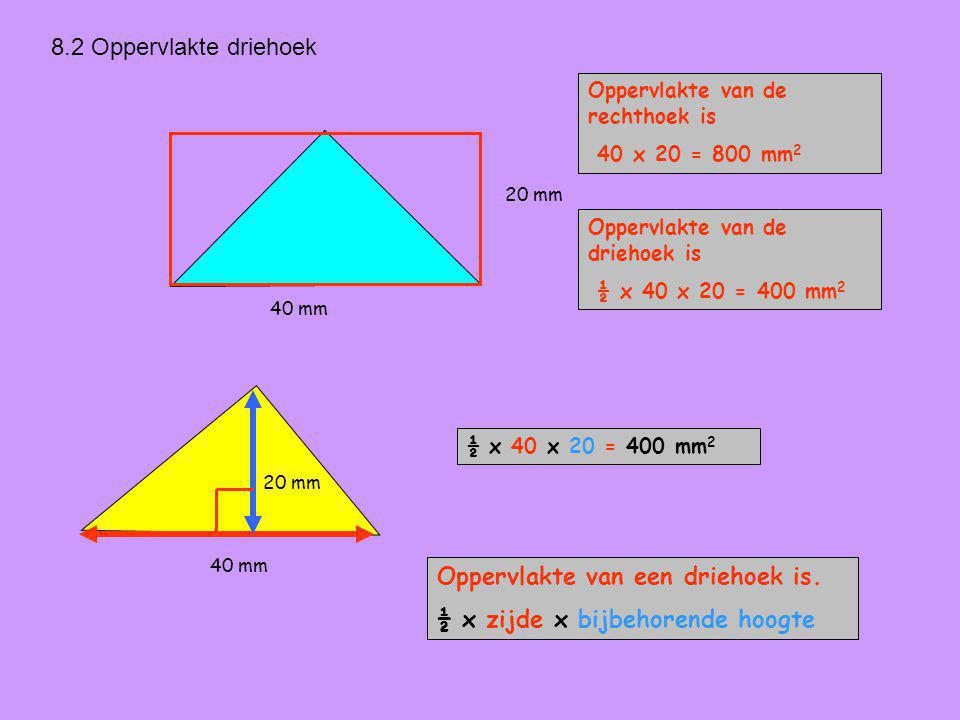Oppervlakte van een driehoek is. ½ x zijde x bijbehorende hoogte