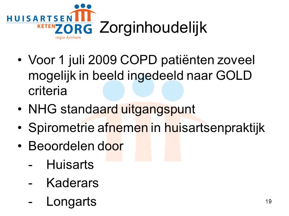 Zorginhoudelijk Voor 1 juli 2009 COPD patiënten zoveel mogelijk in beeld ingedeeld naar GOLD criteria.