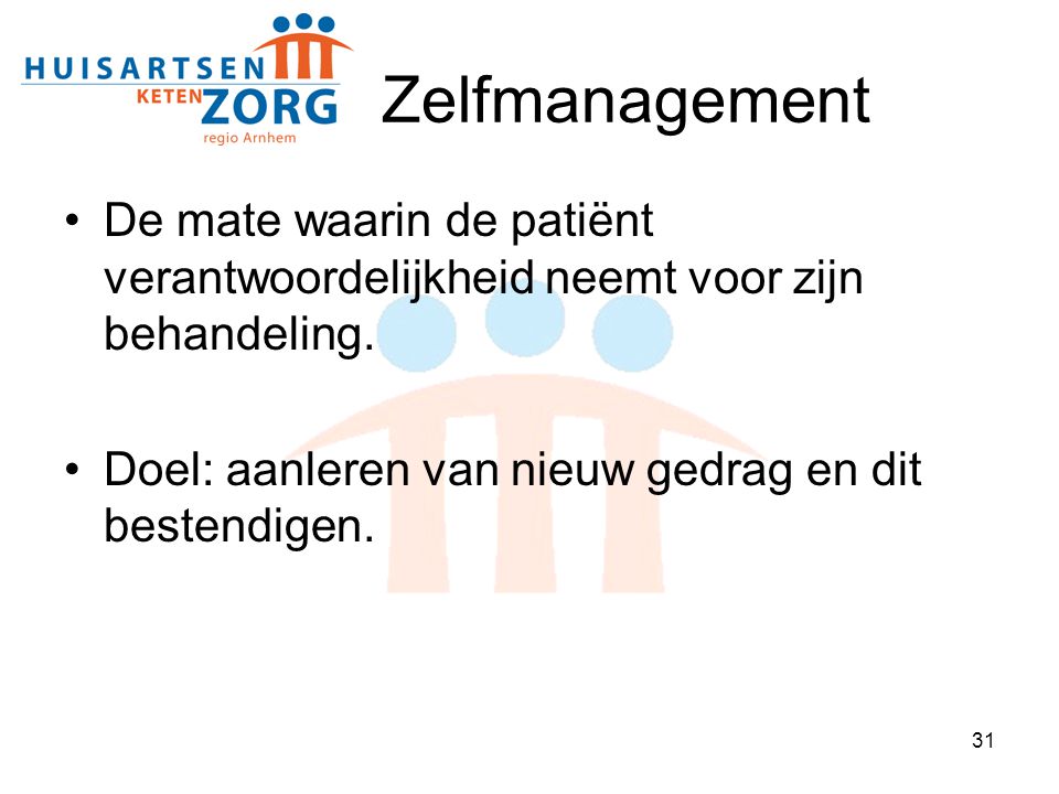 Zelfmanagement De mate waarin de patiënt verantwoordelijkheid neemt voor zijn behandeling.