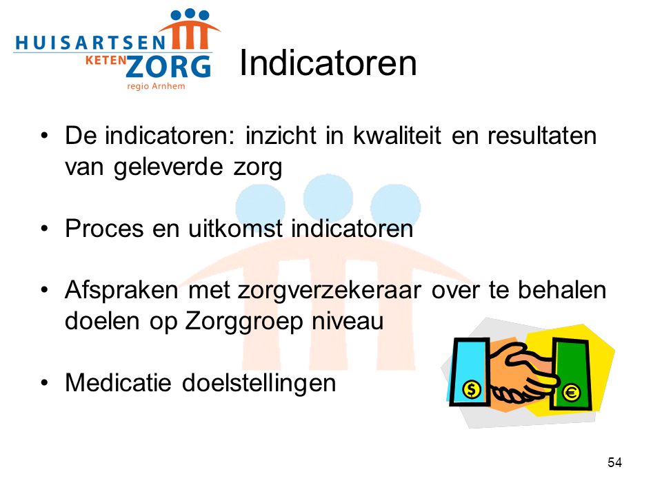 Indicatoren De indicatoren: inzicht in kwaliteit en resultaten van geleverde zorg. Proces en uitkomst indicatoren.