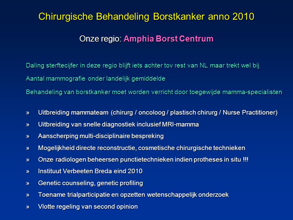 Chirurgische Behandeling Borstkanker anno 2010 Onze regio: Amphia Borst Centrum