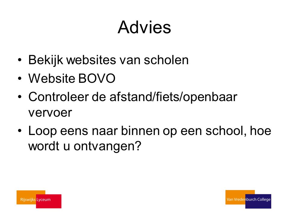 Advies Bekijk websites van scholen Website BOVO