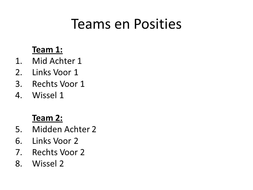 Teams en Posities Team 1: Mid Achter 1 Links Voor 1 Rechts Voor 1