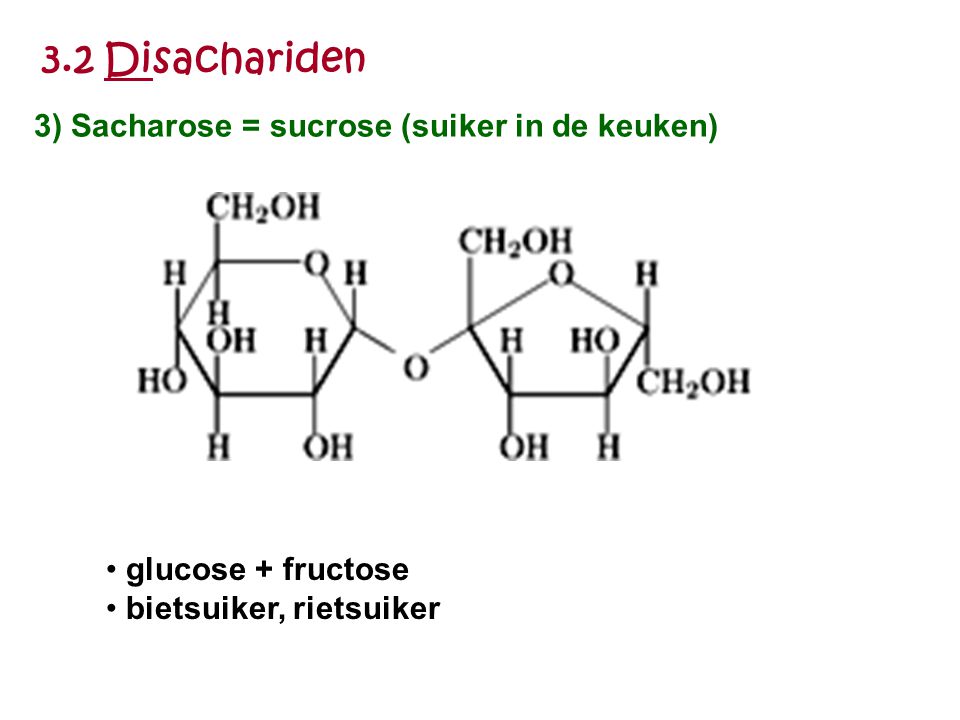 3.2 Disachariden 3) Sacharose = sucrose (suiker in de keuken)