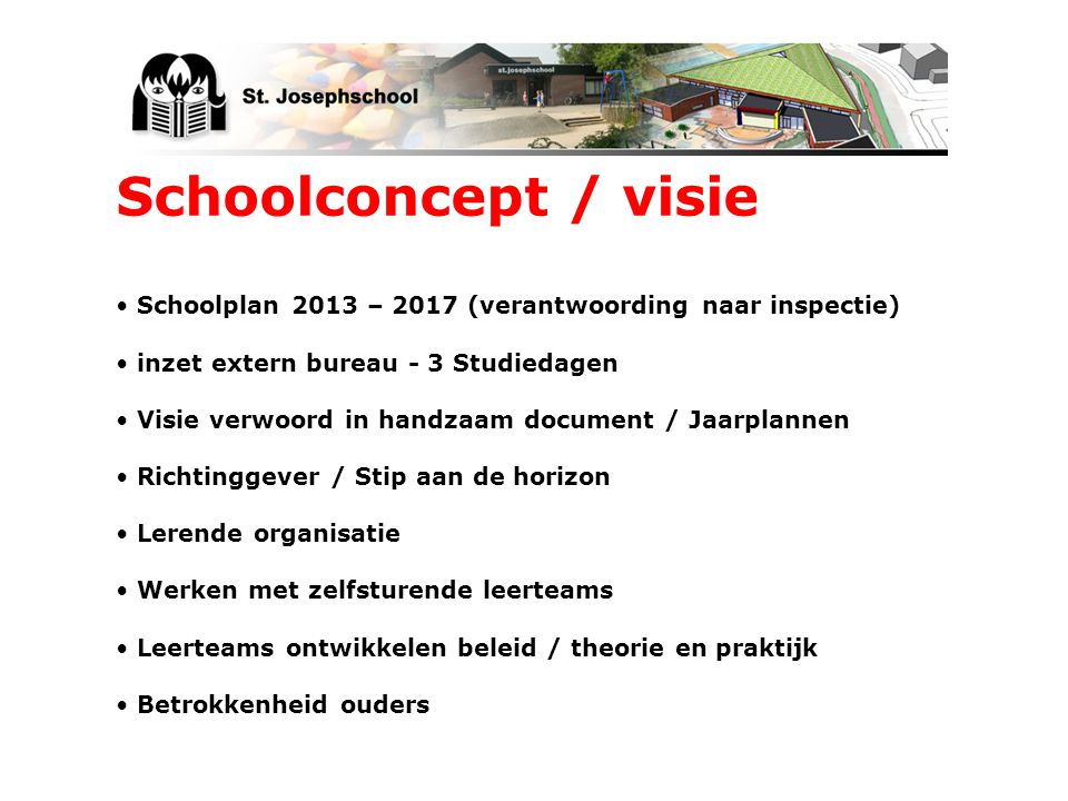 Schoolconcept / visie Schoolplan 2013 – 2017 (verantwoording naar inspectie) inzet extern bureau - 3 Studiedagen.