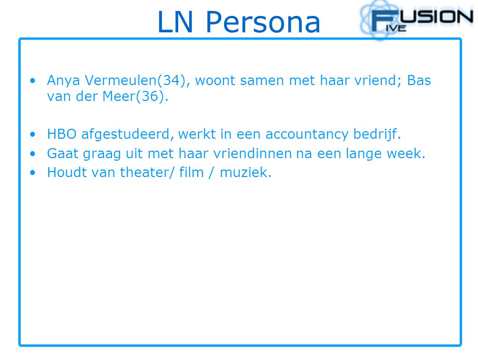 LN Persona Anya Vermeulen(34), woont samen met haar vriend; Bas van der Meer(36). HBO afgestudeerd, werkt in een accountancy bedrijf.