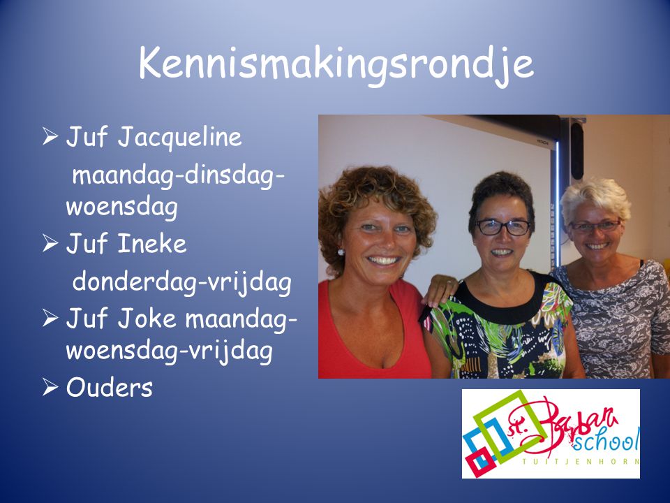 Kennismakingsrondje Juf Jacqueline maandag-dinsdag-woensdag Juf Ineke