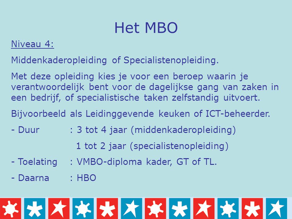 Het MBO Niveau 4: Middenkaderopleiding of Specialistenopleiding.