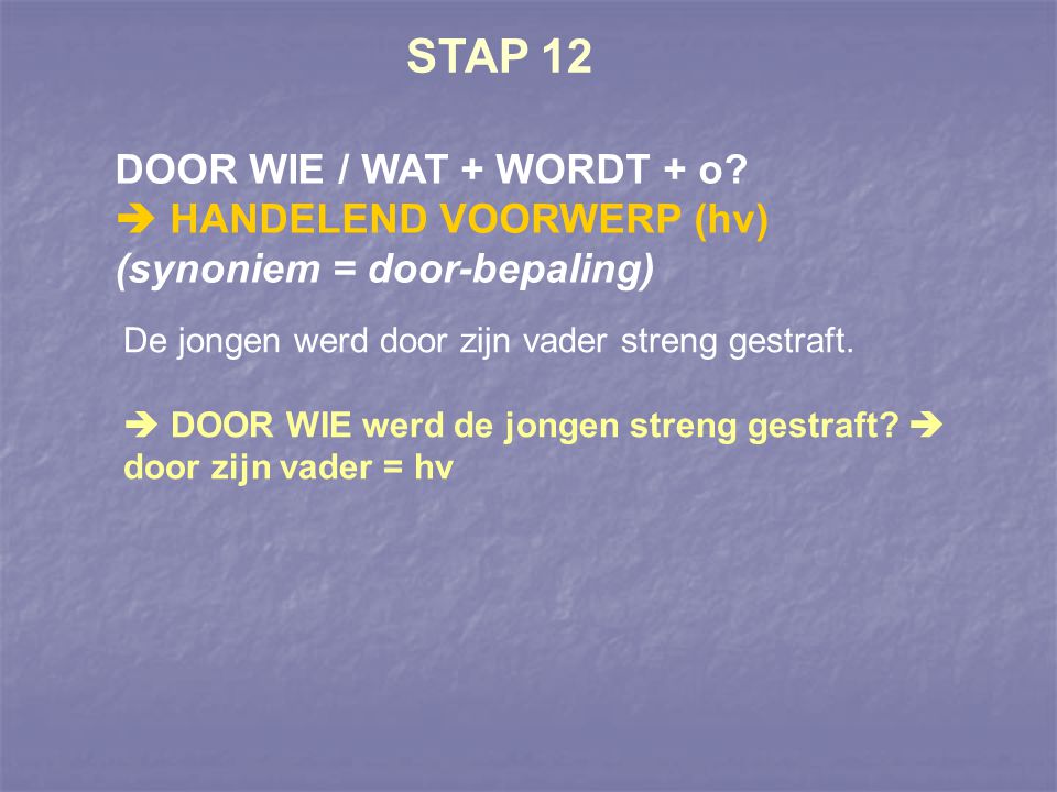 STAP 12 DOOR WIE / WAT + WORDT + o  HANDELEND VOORWERP (hv)