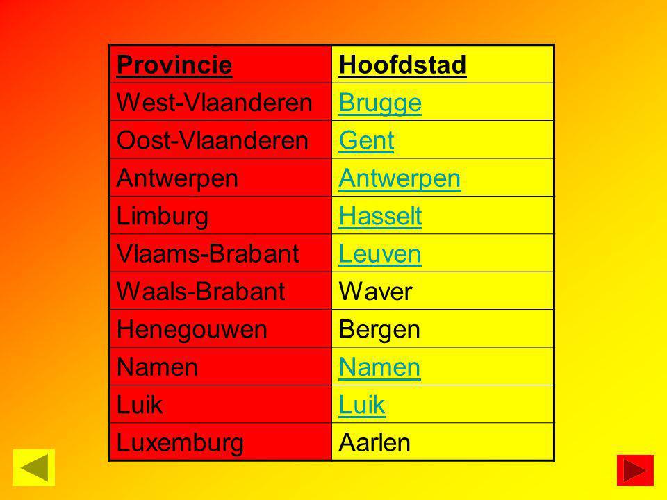 Provincie Hoofdstad. West-Vlaanderen. Brugge. Oost-Vlaanderen. Gent. Antwerpen. Limburg. Hasselt.