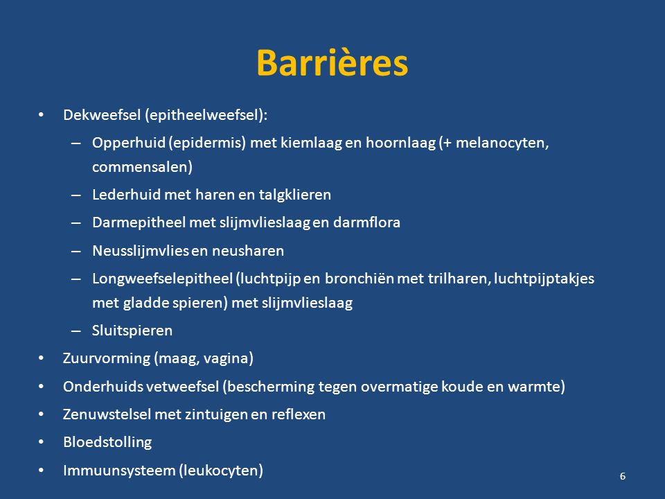 Barrières Dekweefsel (epitheelweefsel):