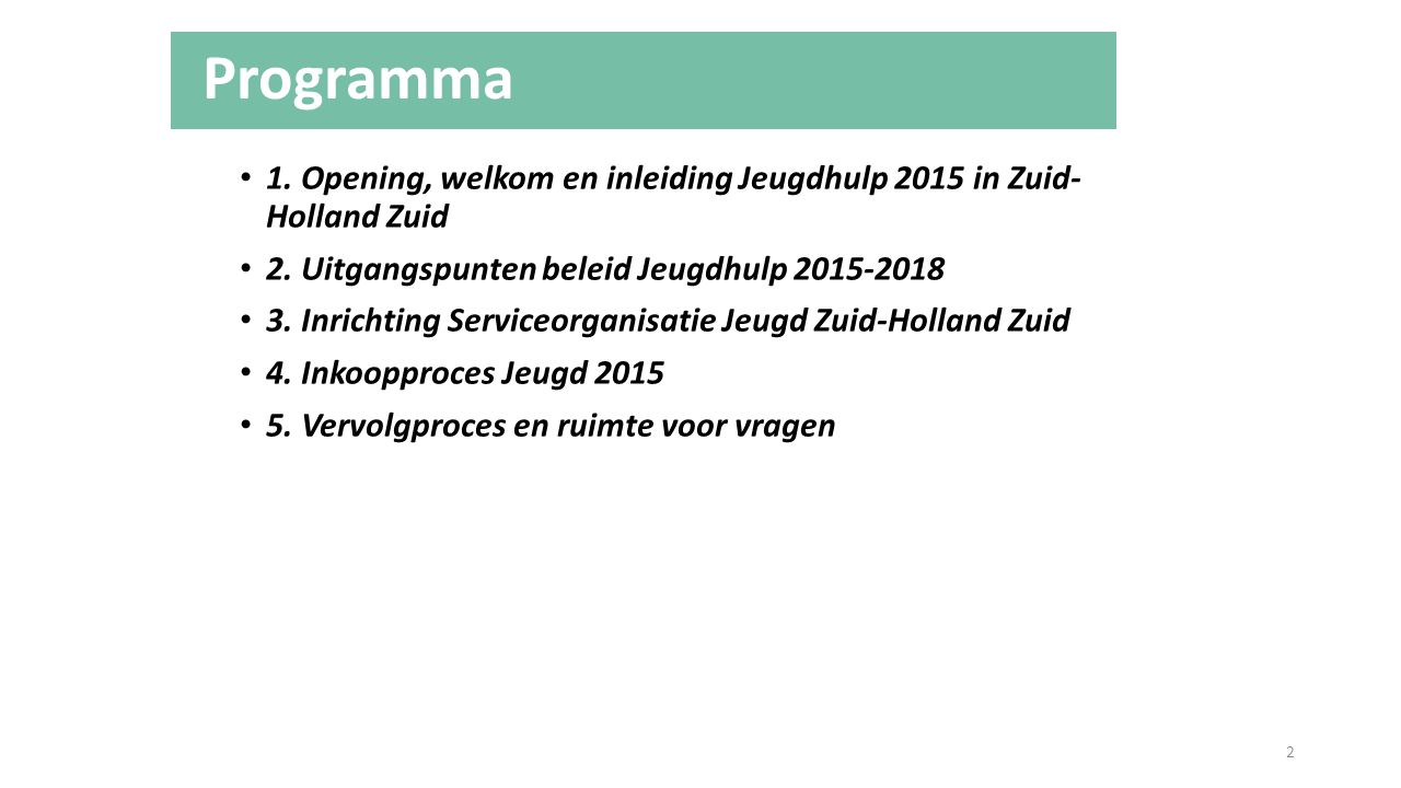 Programma 1. Opening, welkom en inleiding Jeugdhulp 2015 in Zuid- Holland Zuid. 2. Uitgangspunten beleid Jeugdhulp
