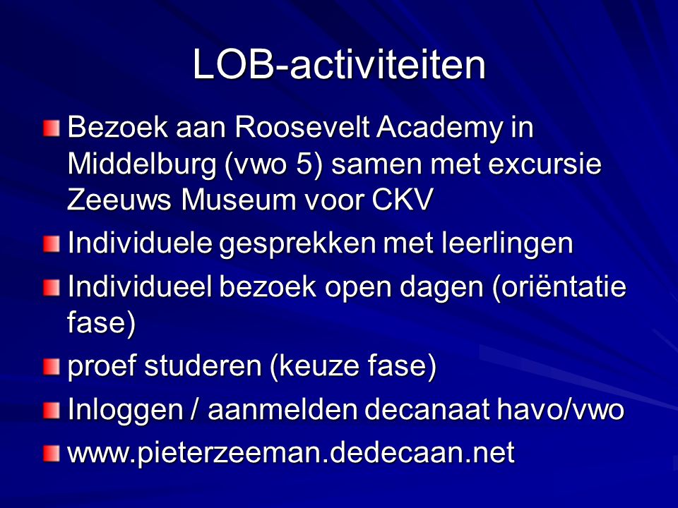 LOB-activiteiten Bezoek aan Roosevelt Academy in Middelburg (vwo 5) samen met excursie Zeeuws Museum voor CKV.