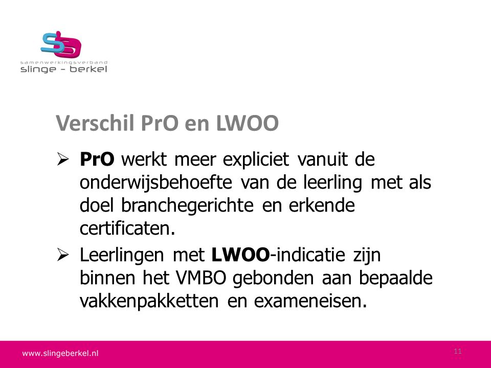 Verschil PrO en LWOO PrO werkt meer expliciet vanuit de onderwijsbehoefte van de leerling met als doel branchegerichte en erkende certificaten.