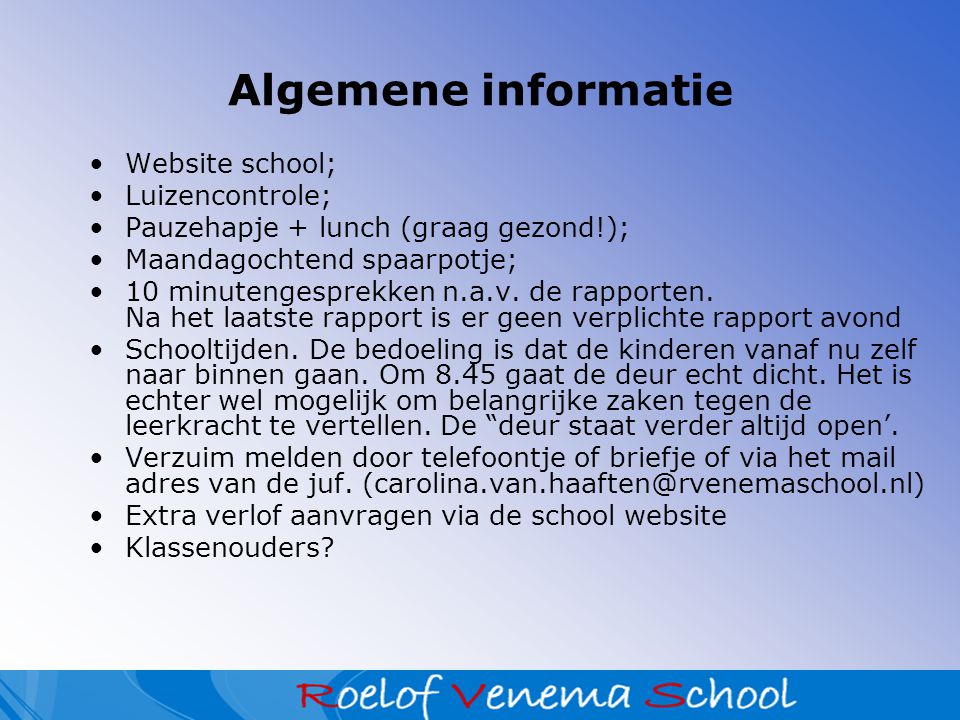 Algemene informatie Website school; Luizencontrole;