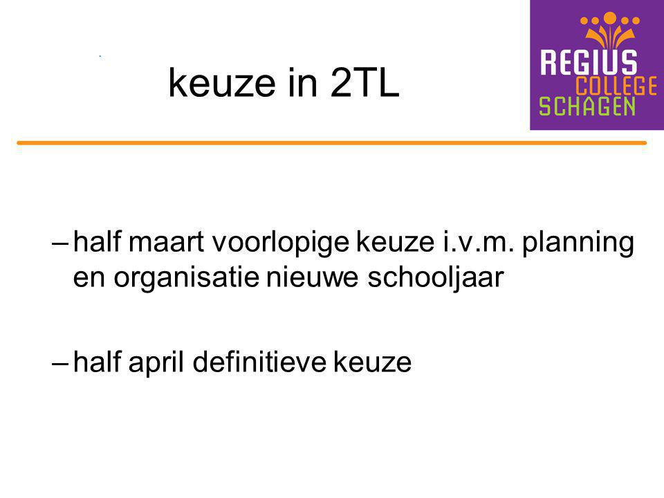 keuze in 2TL half maart voorlopige keuze i.v.m. planning en organisatie nieuwe schooljaar.