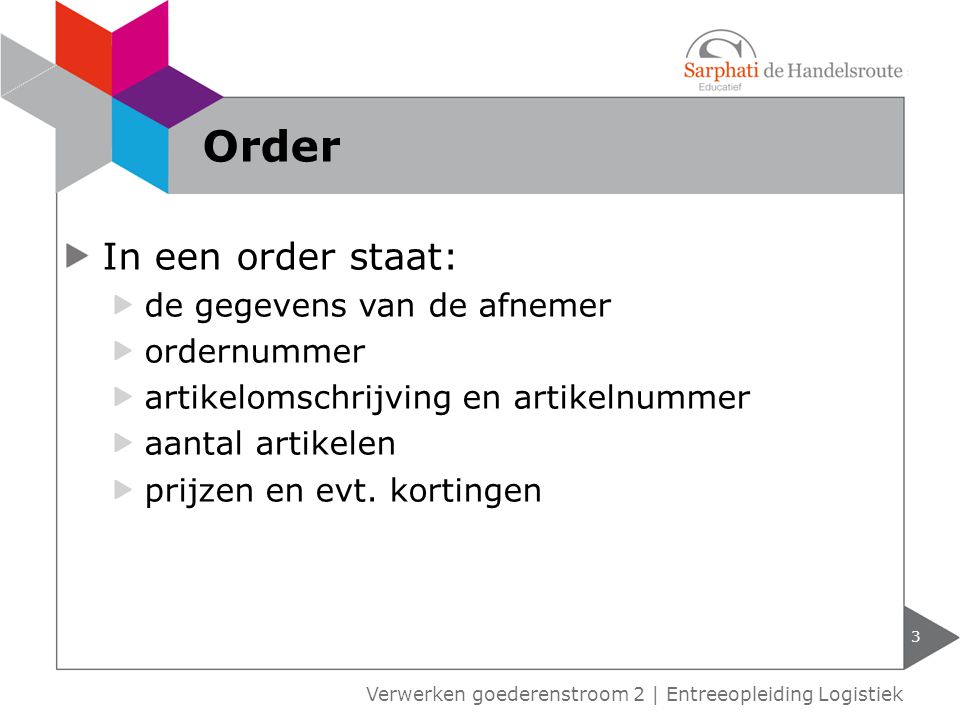 Order In een order staat: de gegevens van de afnemer ordernummer