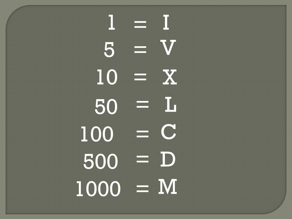 1 I = V 5 = 10 = X = L 50 C 100 = = D 500 M 1000 =