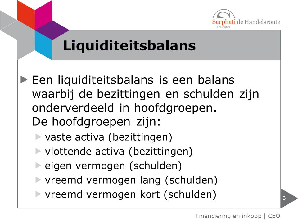 Liquiditeitsbalans Een liquiditeitsbalans is een balans waarbij de bezittingen en schulden zijn onderverdeeld in hoofdgroepen. De hoofdgroepen zijn: