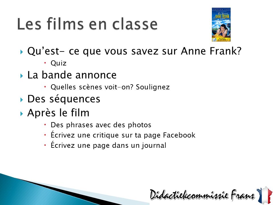 Les films en classe Qu’est- ce que vous savez sur Anne Frank