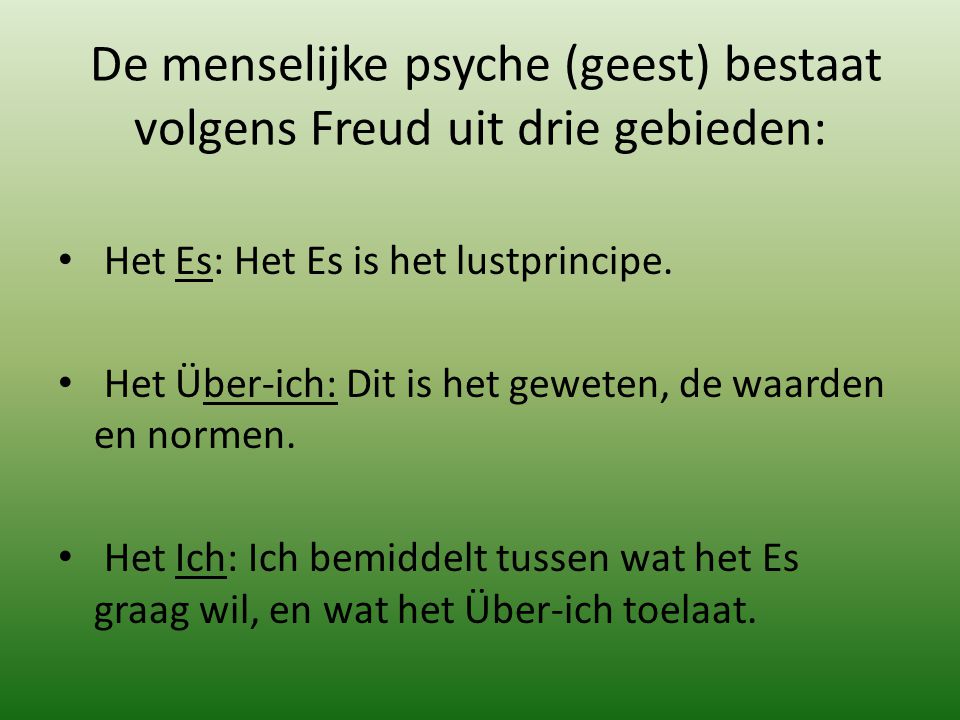 De menselijke psyche (geest) bestaat volgens Freud uit drie gebieden: